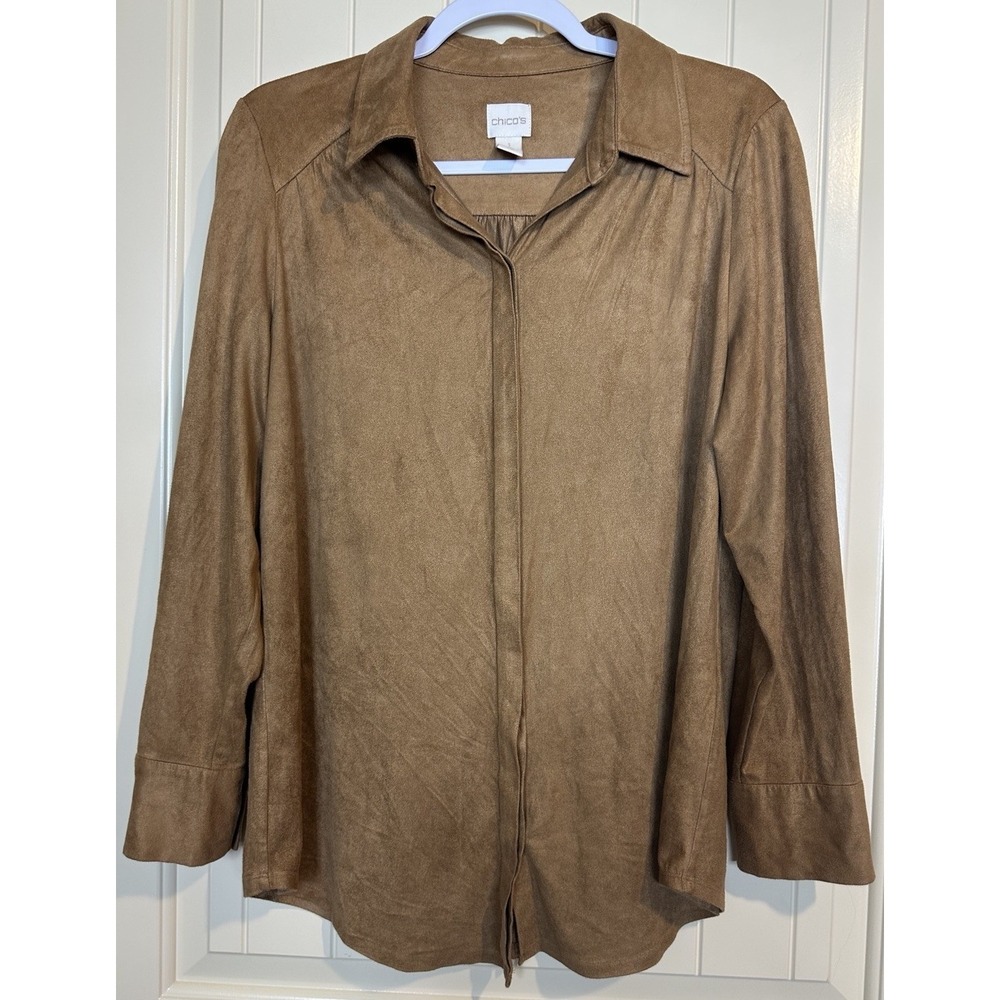 Chico's Shirt Size 1 medium Long‎ Sleeve Soft Faux Suede Button-Up brown GUC